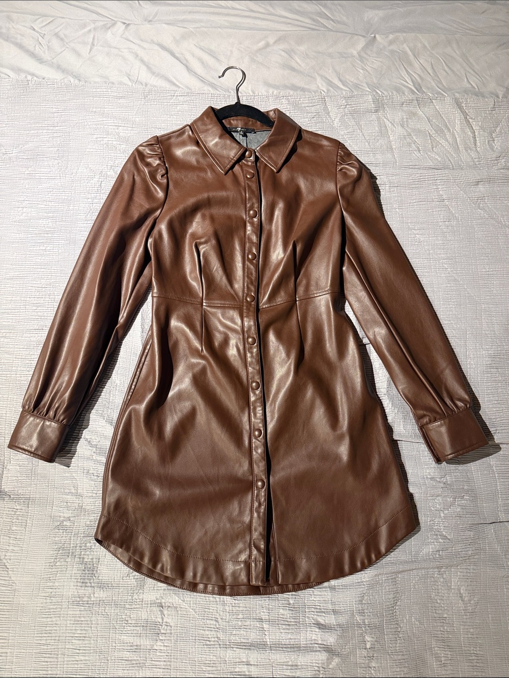 Faux Leather Brown Button-Front Dress